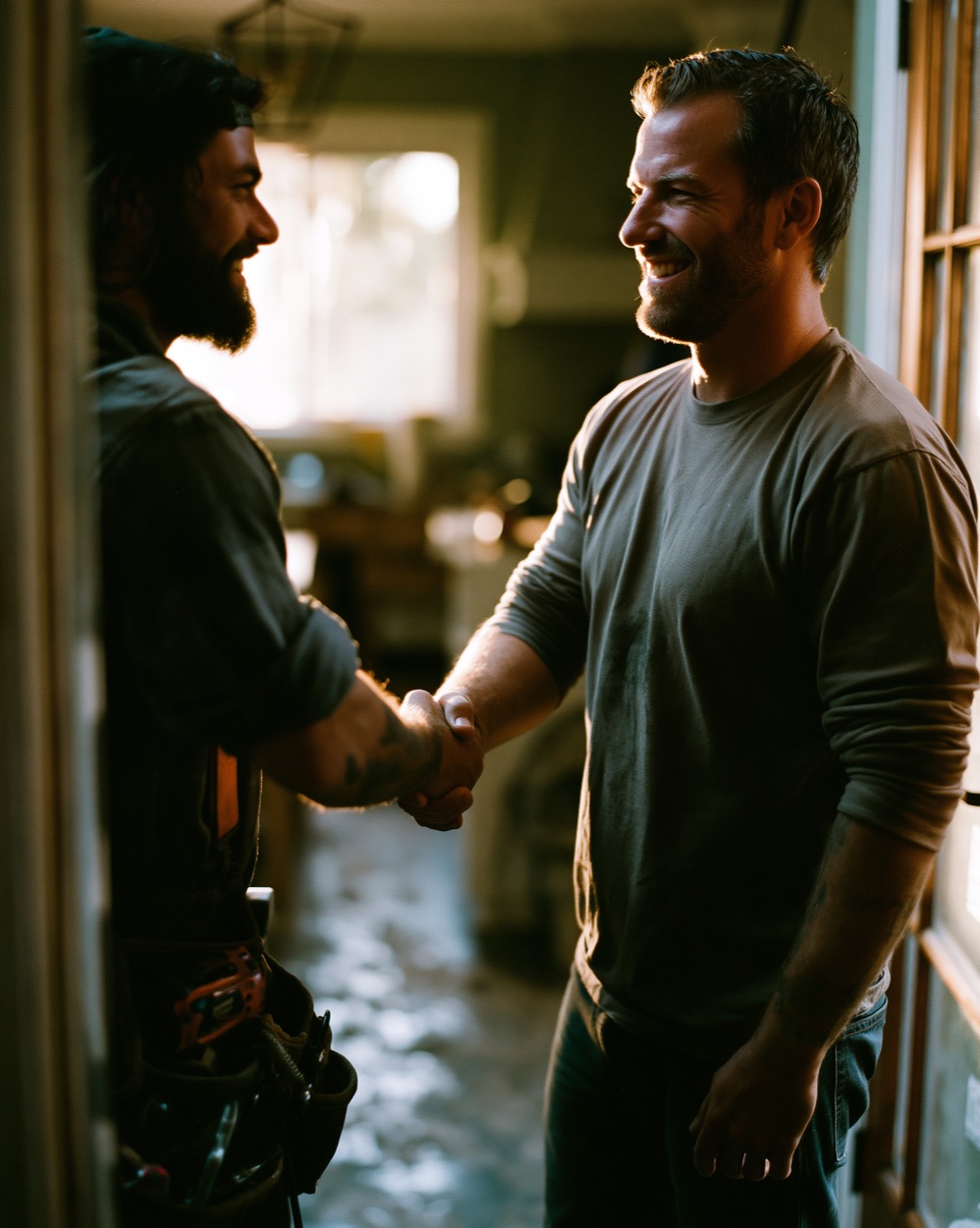 A contractor and homeowner shaking hands